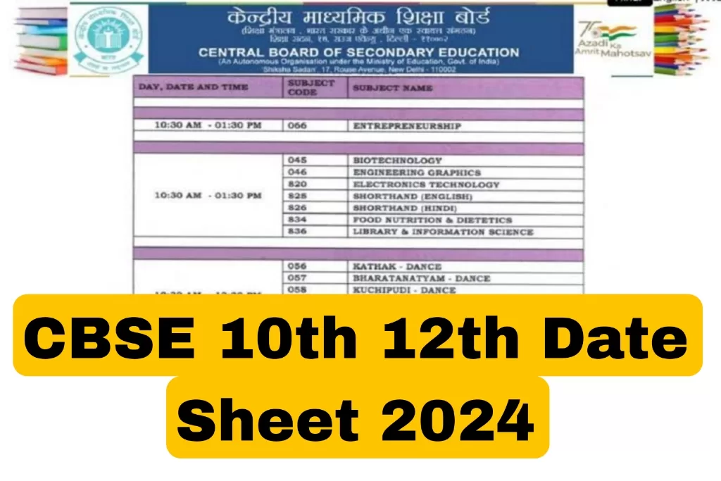 CBSE Date Sheet 2024 Class 10th 12th Date sheet, Timetable cbse.gov